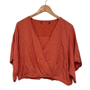 Coral V-neck Cropped blouse flouncy short sleeve